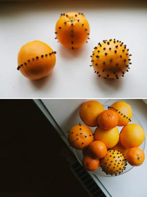 Weihnachtsschmuck basteln orangen mit nelken knospen in schale