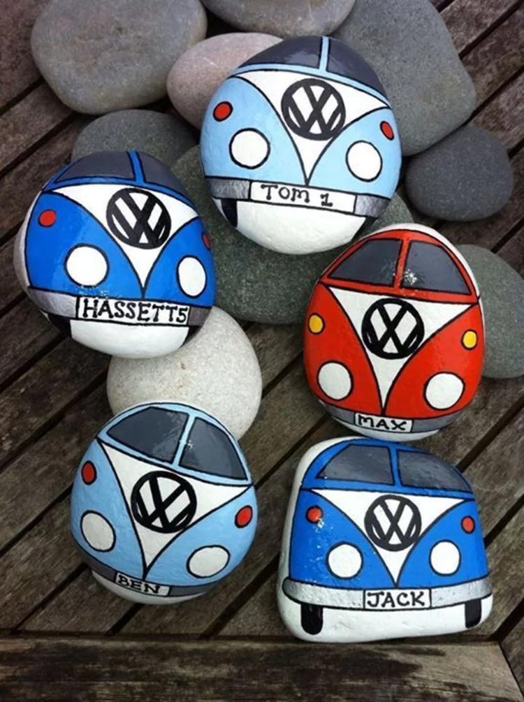 Steine bemalen Volkswagen Bus Basteln mit Steinen