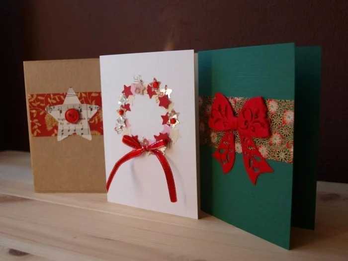 weihnachtskarten basteln geschenkpapier stoff knoepfe notenpapier