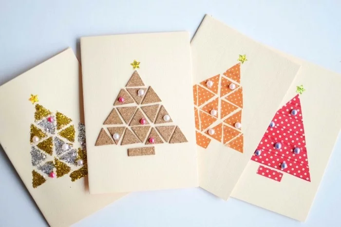 weihnachtskarten basteln diy geschenkpapier weihnachtsbaum perlen
