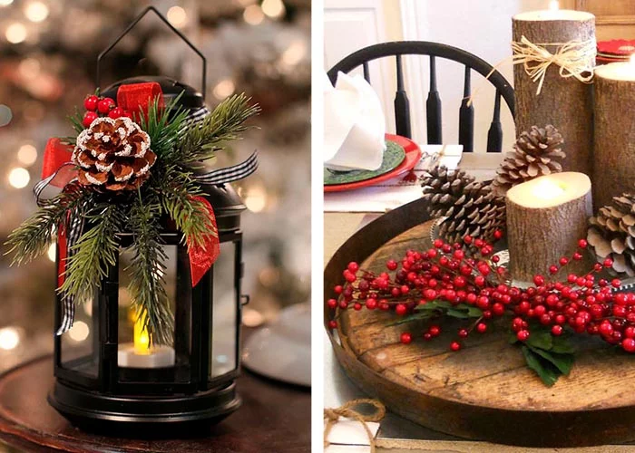 weihnachtstischdeko laterne dekorieren kerzenleuchter aus Baumzweigen
