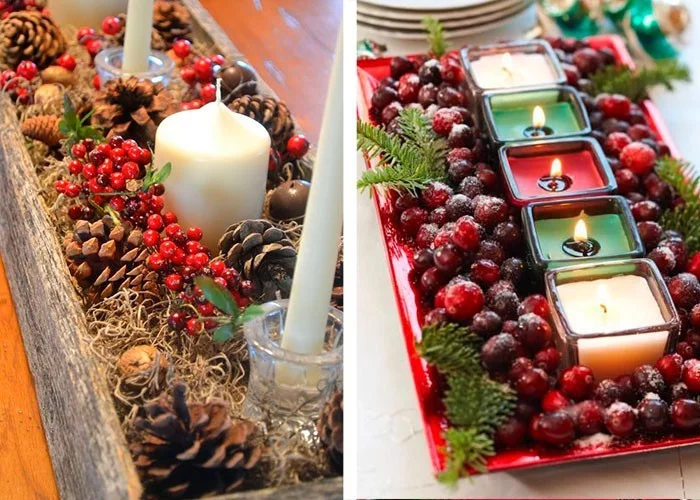 weihnachtstischdeko tisch zu weihnachten dekorieren mit tannenzapfen rote beeren und kerzen