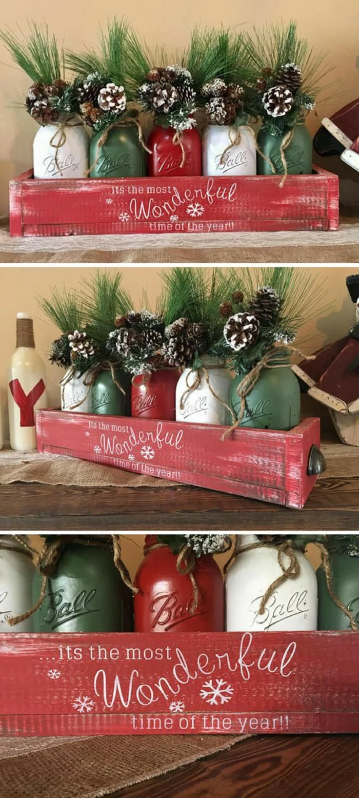 weihnachtsdeko aus ball mason gläsern basteln mit zapfen