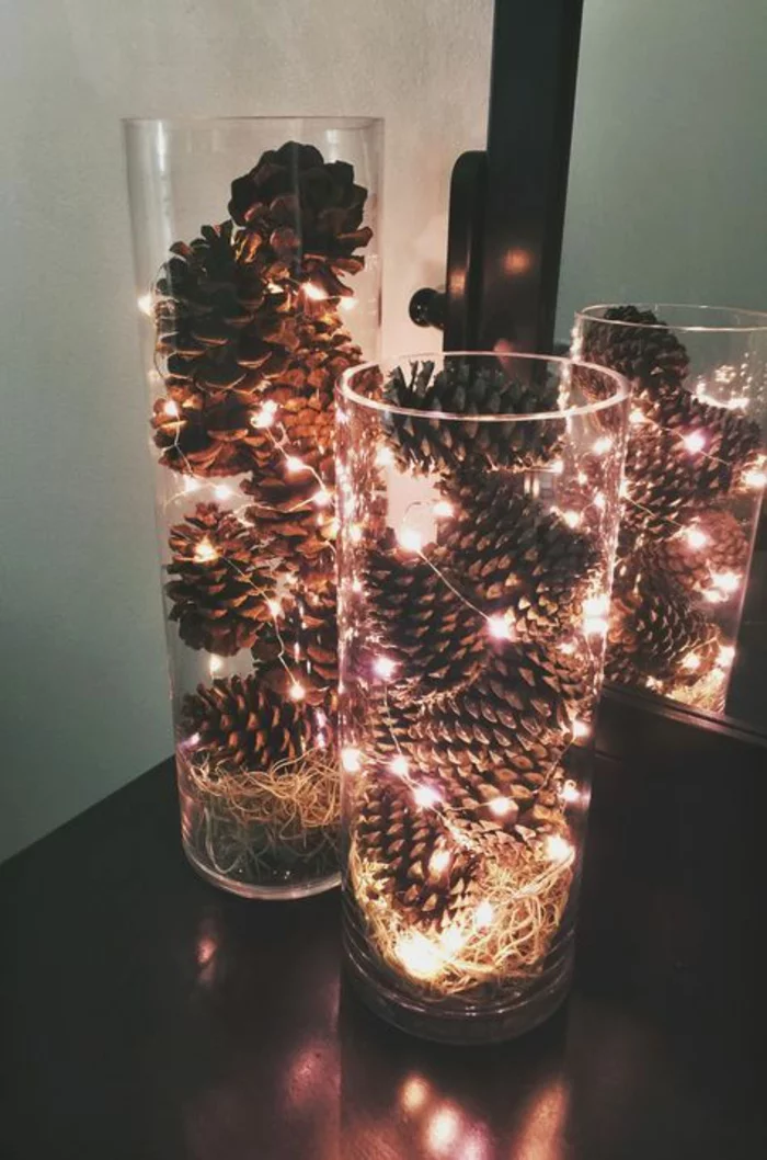 weihnachtsdeko basteln mit zapfen und lichterketten im glas