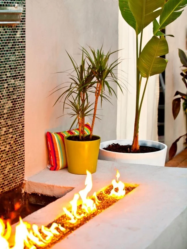 Feuerstelle Wasser grüne Pflanze perfekte Gestaltung draußen