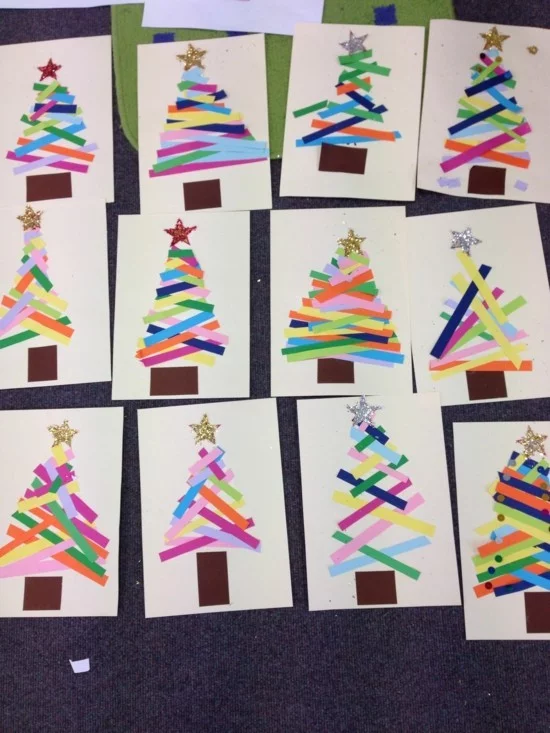 bunte streifen papier weihnachtskarten basteln mit kindern
