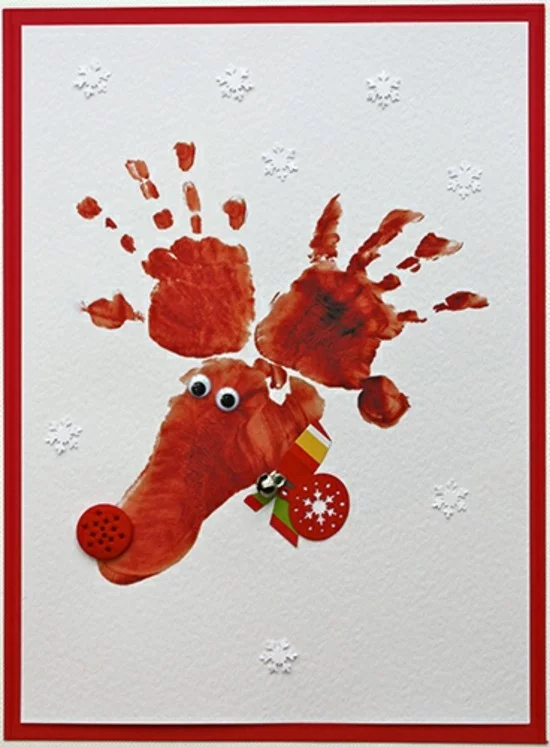 elch motiv weihnachtskarten basteln mit kindern handabdruck