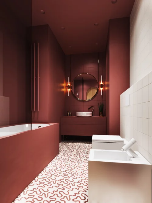 Badezimmer in Rot schickes Bad geräumig sanfte Nuance mit weiß kombiniert Badewanne Waschtisch Waschbecken Wandspiegel
