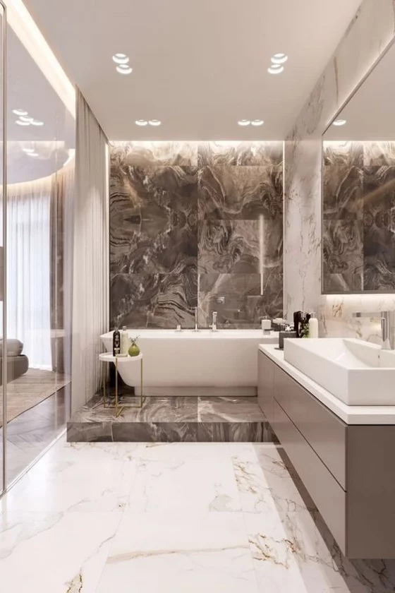 Braun modernes Badezimmer Marmorfliesen in Haselnussbraun und Weiß luxuriöse Badgestaltung