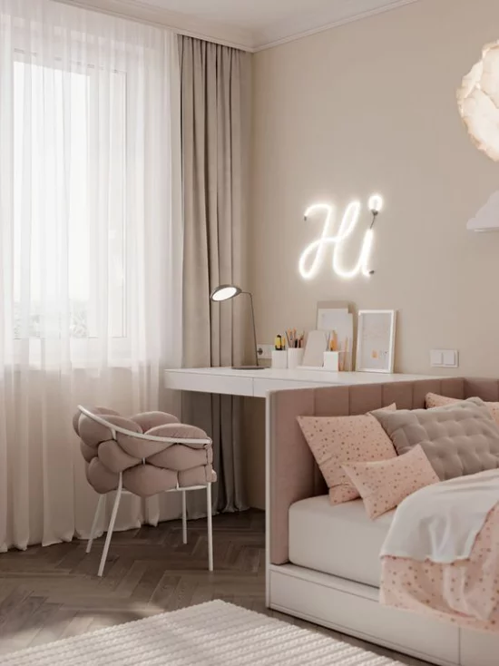 Mädchenzimmer modern und praktisch gestaltet Schlafbett Schreibtisch helle Farben Lichteffekte