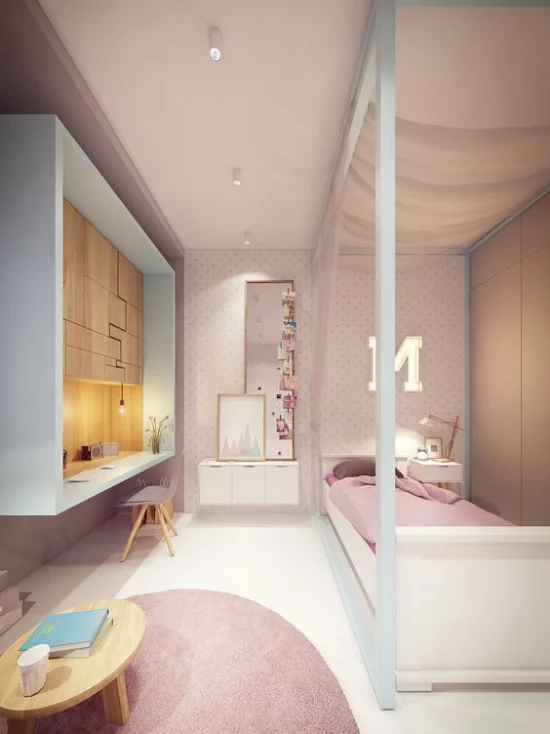 Mädchenzimmer modern und praktisch gestaltet clevere Raumgestaltung passende Beleuchtung fürs Lesen im Bett und am Schreibtisch