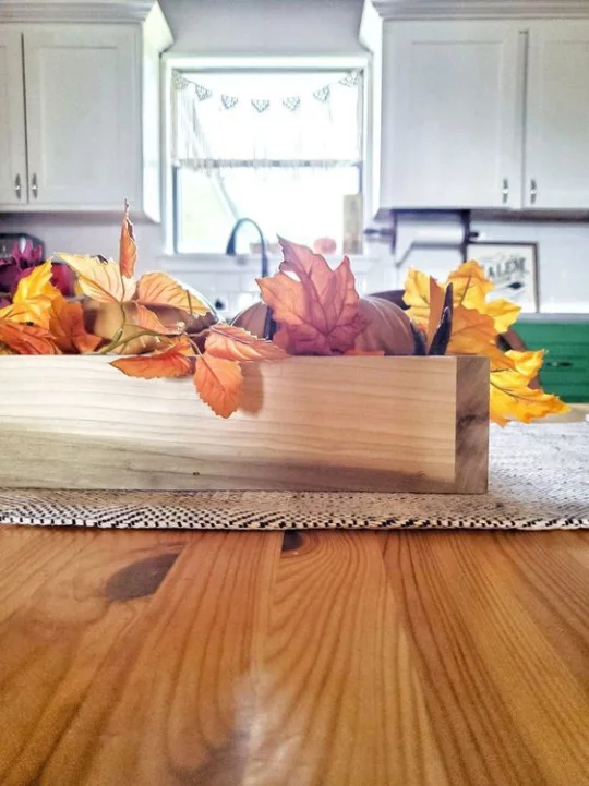 Deko Ideen mit Herbstblättern Tischdeko Blickfang im Holzkasten bunte Blätter arrangiert