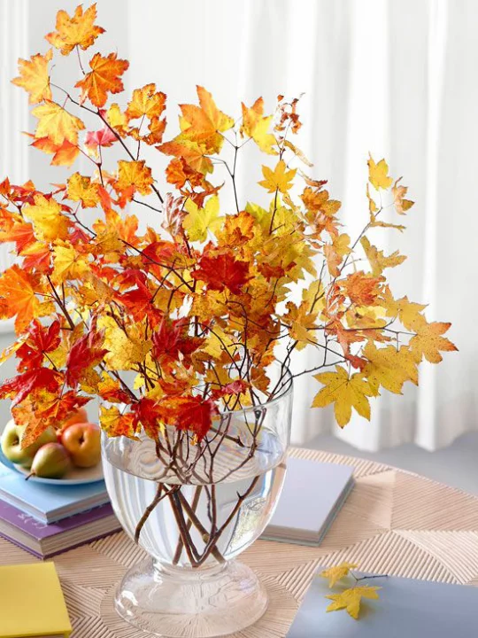 Deko Ideen mit Herbstblättern großes Glas mit Zeigen Herbstblätter auf dem Tisch Bücher Teller mit Äpfeln