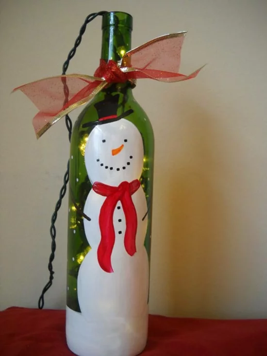 günstige weihnachtsdeko schneemann flasche dekorieren