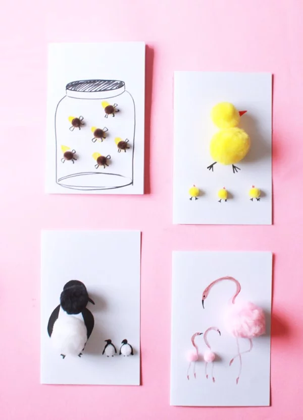 Muttertagskarte basteln – liebevolle Ideen und Anleitungen für Mama pompons niedlich tiere