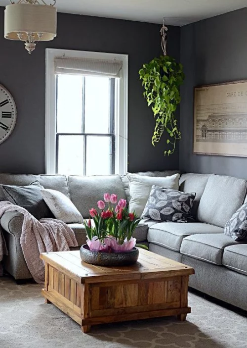 frühlingshafte Dekoideen für das Wohnzimmer grauer Raum erfrischt mit etwas Grün schöne rosa Tulpen in kleinen Töpfen auf dem Kaffeetisch in der Mitte