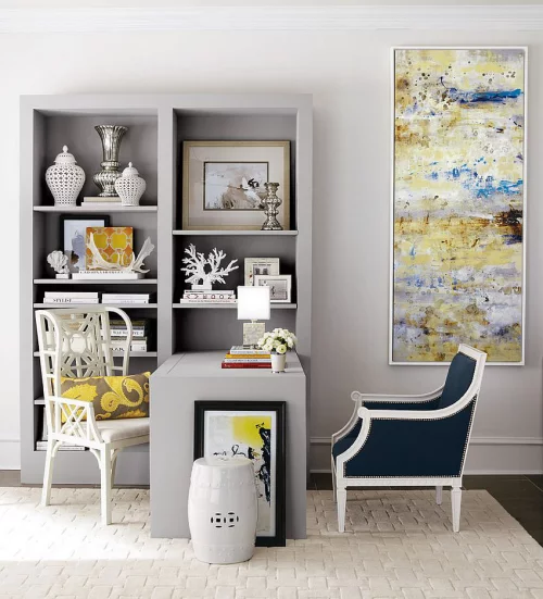 gelbe Akzente im Home Office Büro Inspiration modern mit klassischen Elementen gelbe Akzente im Heimbüro verteilt