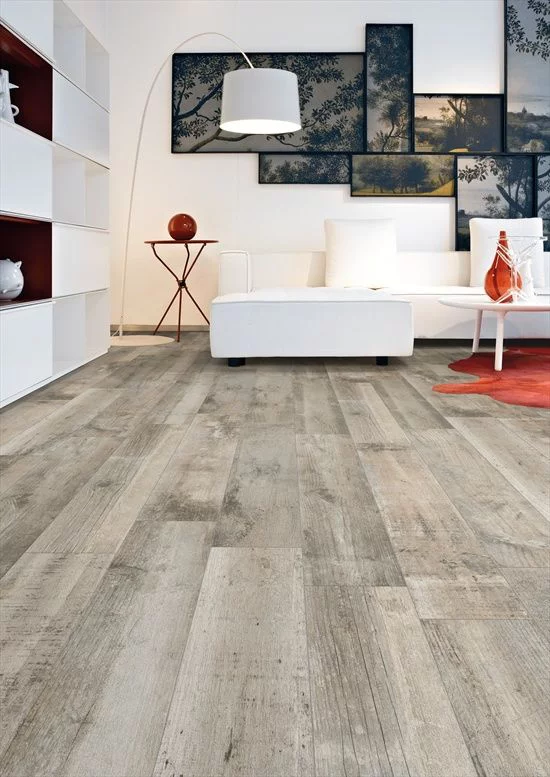 grauer Boden aus hochwertigem Laminat in Holzoptik Wohnzimmer minimalistische Einrichtung