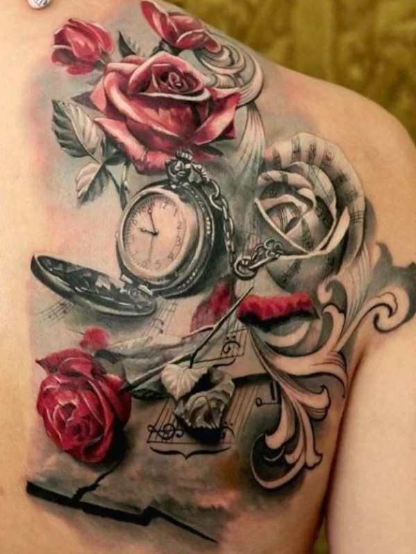 3d tattoos frauen rücken uhren rosen