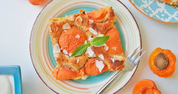Aprikosenkuchen vom Blech mit halbierten Früchten klassisches Rezept