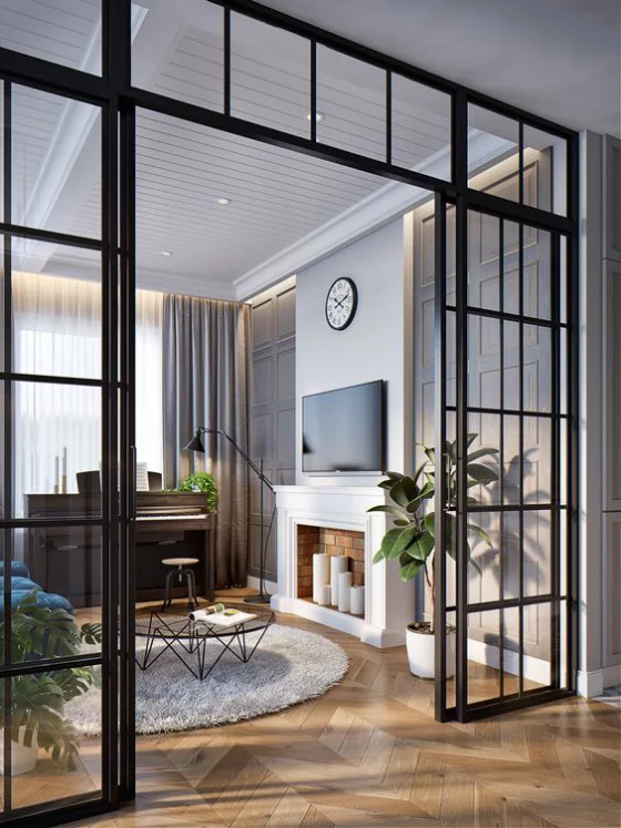französische Fenstertüren schwarze Rahmen große Glasscheiben elegantes Design Übergang zum modernen Wohnzimmer