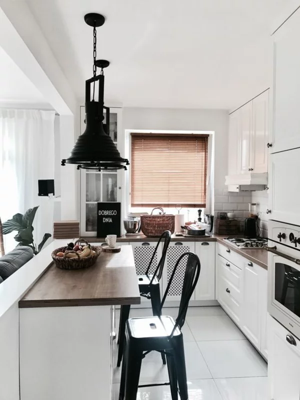 wohnküche einrichten kleine küche schwarz weiß
