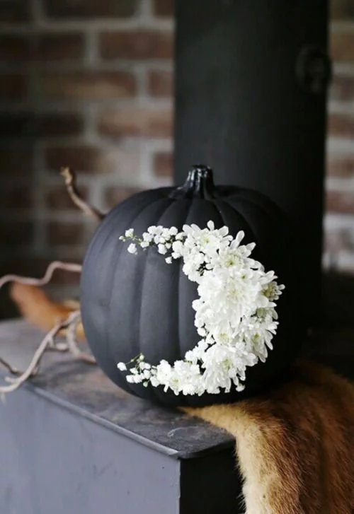 natürliche Halloween Deko echtes Meisterwerk schwarzer Kürbis mit weißen Blumen