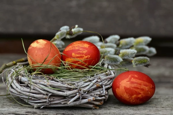 Osterdeko basteln aus Naturmaterialien nest blumen rote eier