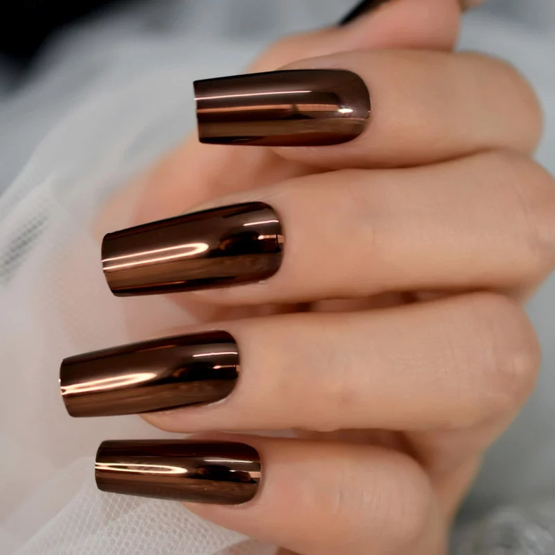 coffee nails braun lang metallic