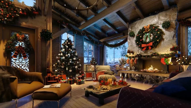 wohnzimmer weihnachtlich dekorieren großer raum reichliche deko